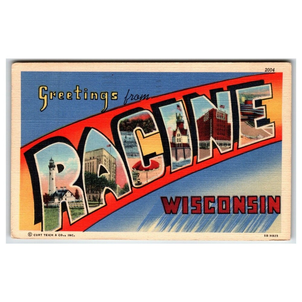 Greetings From Racine Wisconsin Lighthouse Linen Postcard 1948 Curt Teich